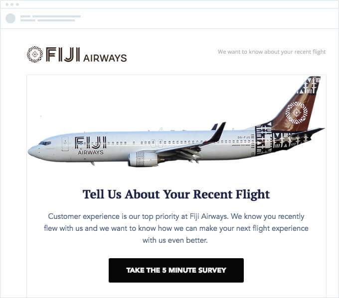 correo electrónico transaccional de Fiji airways sobre cómo recibir comentarios