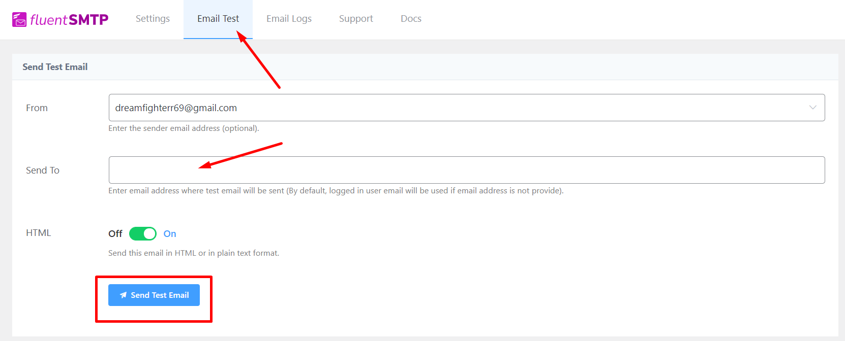 correo electrónico de prueba de configuración de correo electrónico de fluentsmtp