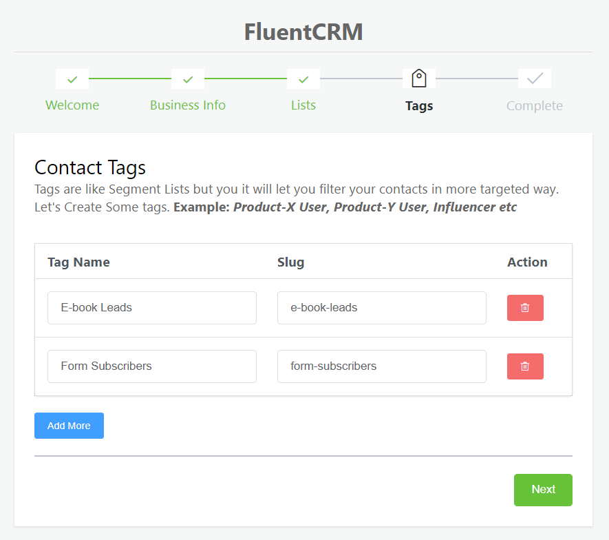 Asistente de configuración de fluentcrm, creación de etiquetas en fluentcrm