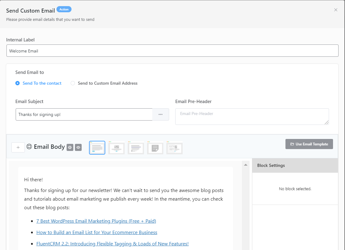 crear una automatización de correo electrónico de bienvenida para suscriptores de correo electrónico en wordpress usando fluentcrm