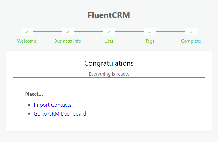 Asistente de configuración de fluentcrm, finalizando la configuración de fluentcrm