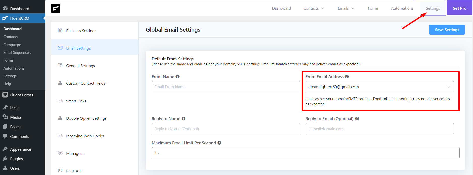 configuración de correo electrónico fluentcrm