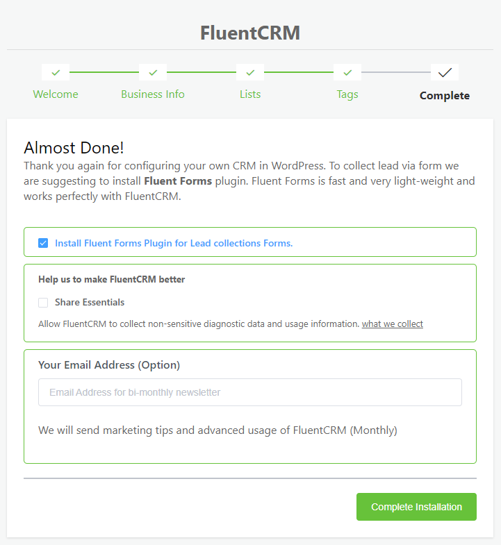 Asistente de configuración de fluentcrm, instalación de formularios fluidos