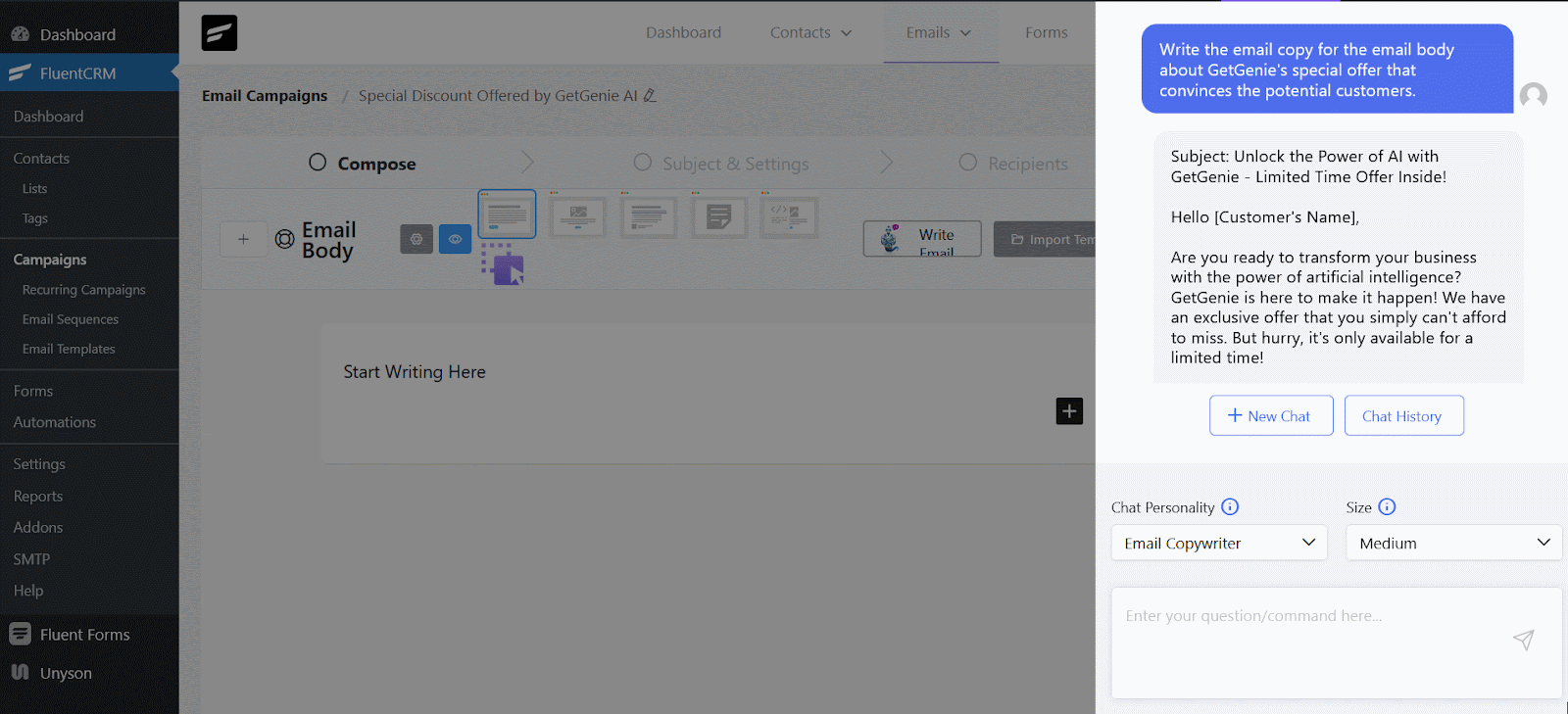 Comience a escribir correos electrónicos de FluentCRM con GetGenie AI