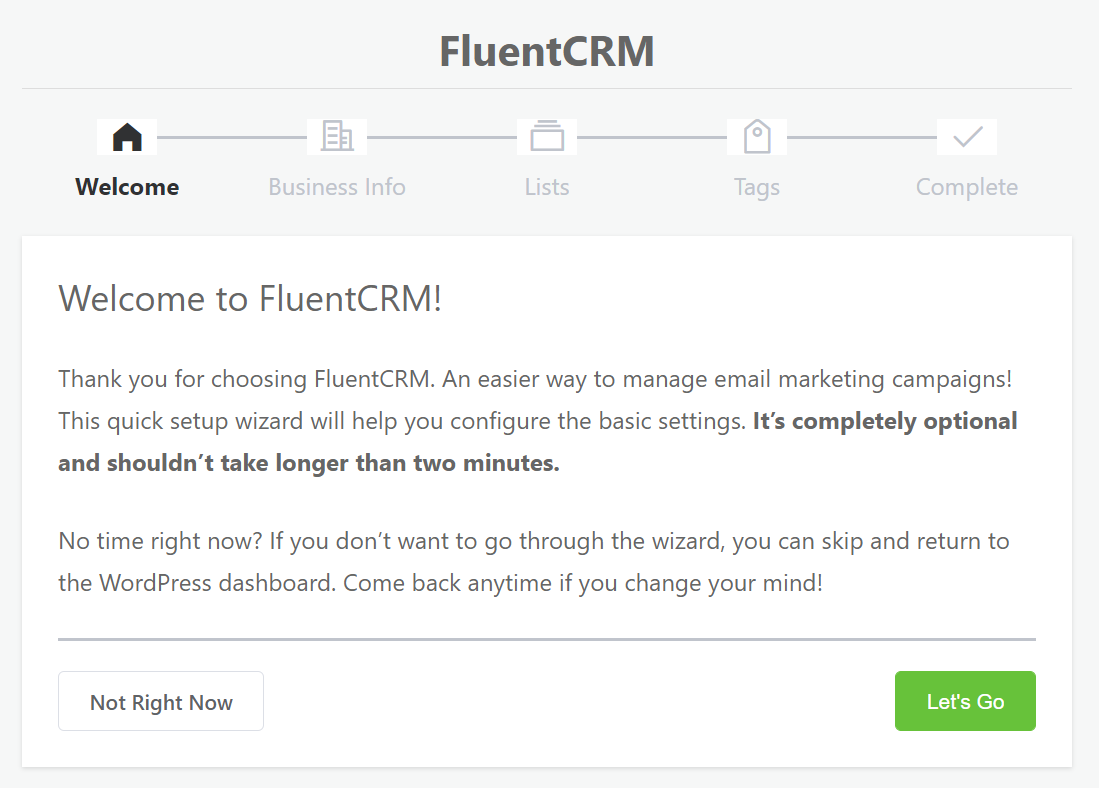 asistente de configuración de fluentcrm