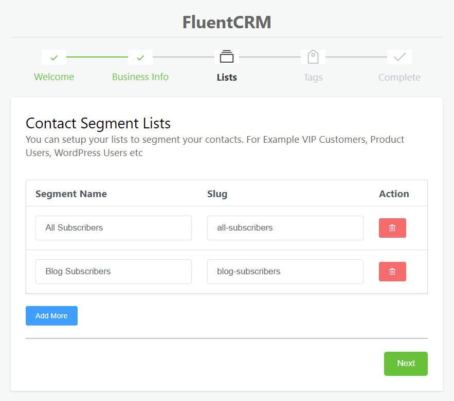 Asistente de configuración de fluentcrm, creando una lista en fluentcrm