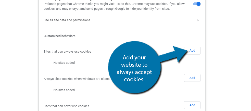 Añade tu sitio web para aceptar siempre cookies.