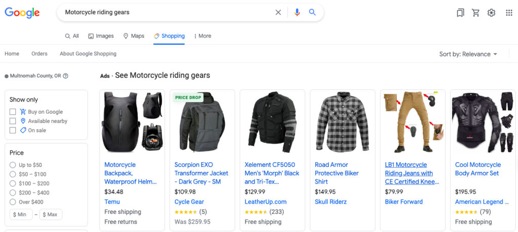 Un ejemplo de página de Google Shopping