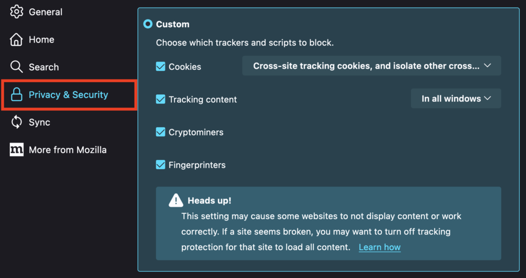 Bloquear cookies y rastreadores en el navegador Firefox