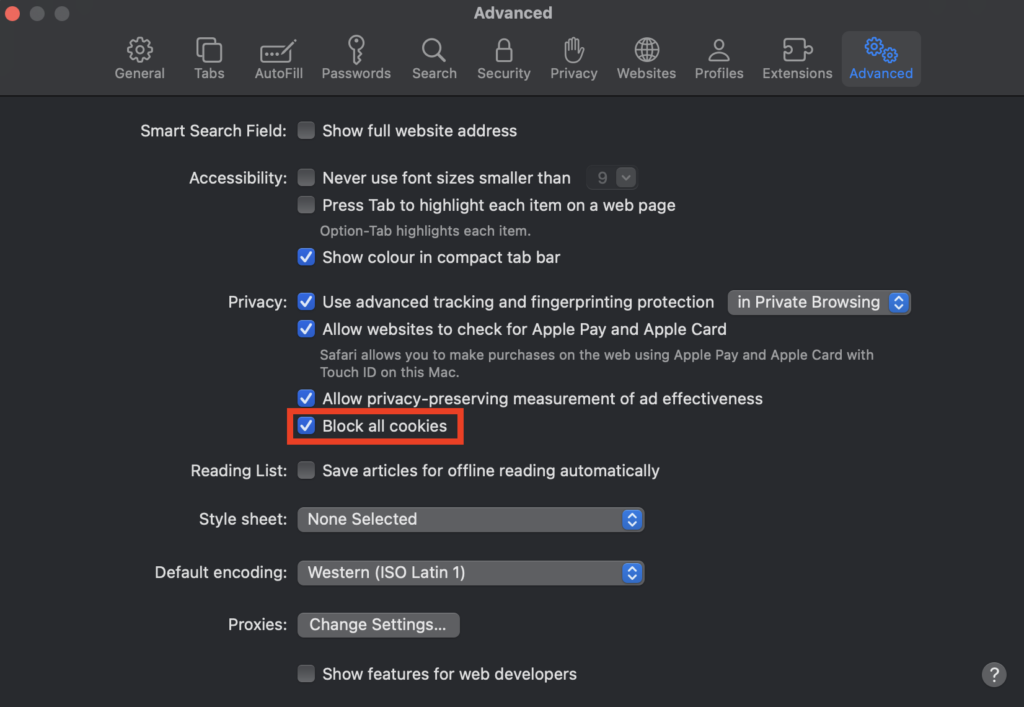 Bloquear la configuración de cookies en el navegador Safari
