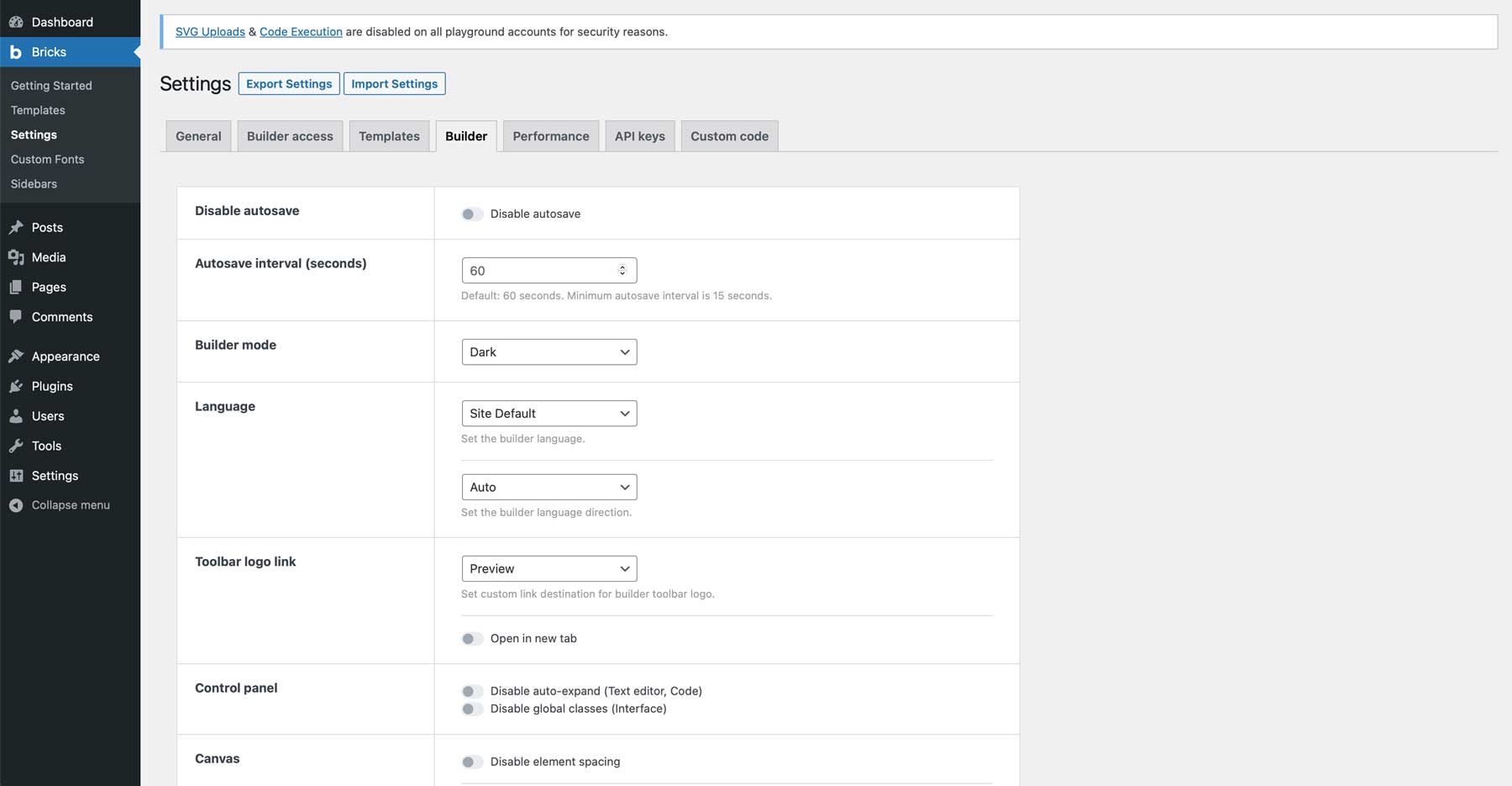 Configuración del constructor de ladrillos