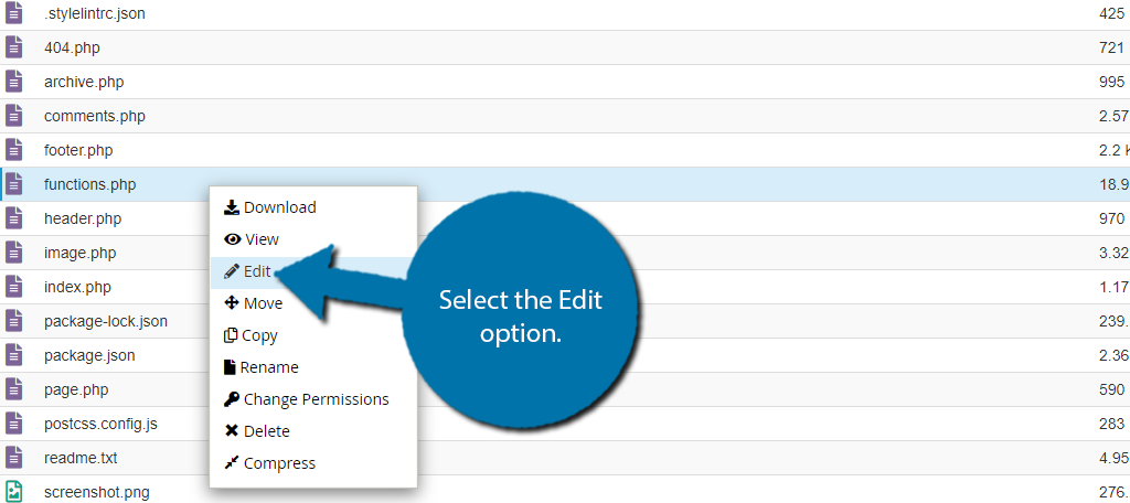 Haga clic en el archivo funciones.php y seleccione la opción Editar