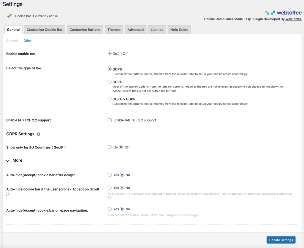 Configuración general del banner de cookies GDPR