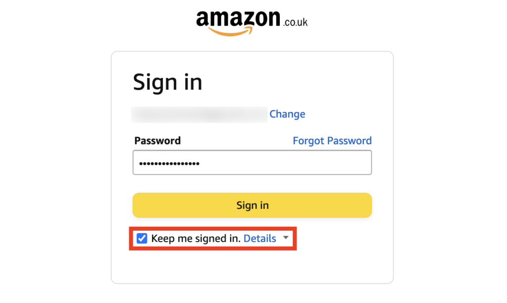 Opción Mantenerme registrado en Amazon