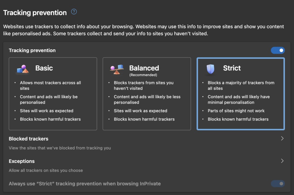 Configuración de privacidad de Microsoft Edge