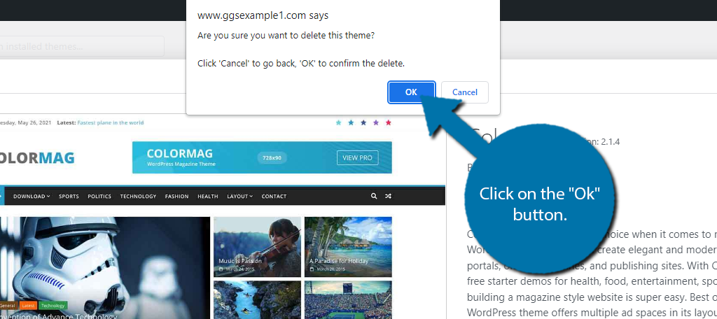 Haga clic en el botón Aceptar para eliminar temas de WordPress