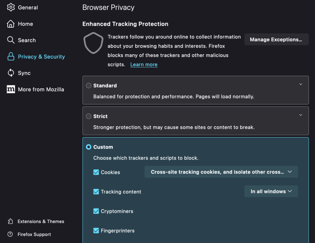 Configuración de privacidad y seguridad Mozilla Firefox