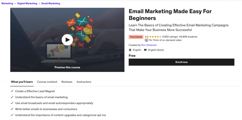 Curso de Udemy Email Marketing simplificado para principiantes