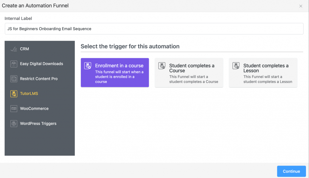 elegir un disparador en fluentcrm