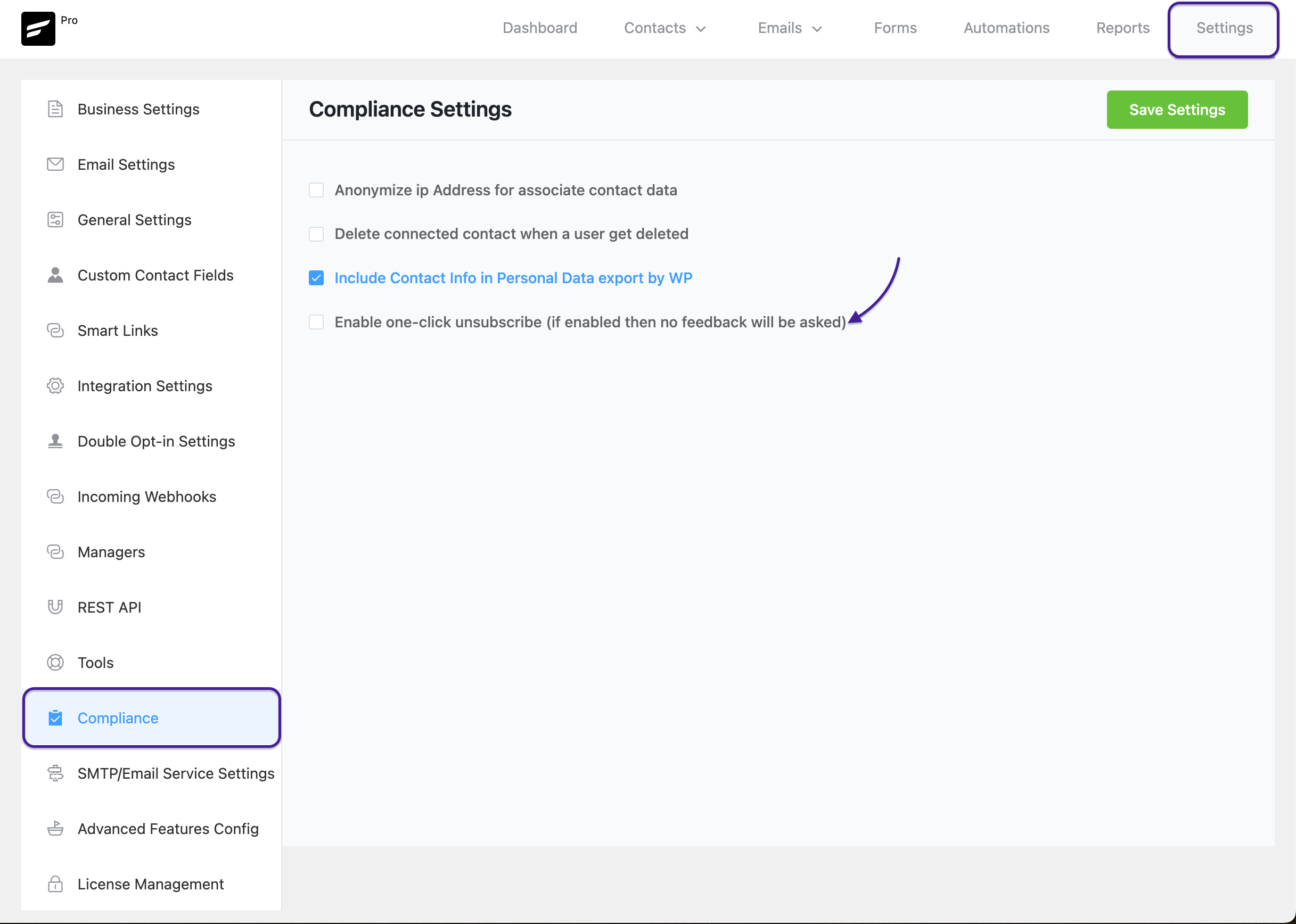 Función de cancelación de suscripción con un solo clic de fluentcrm