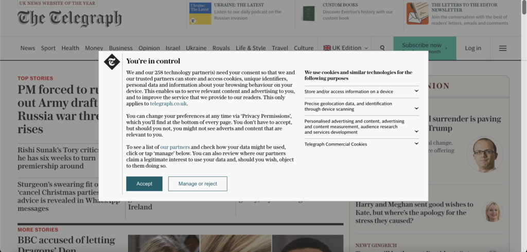 El banner de cookies de Telegraph
