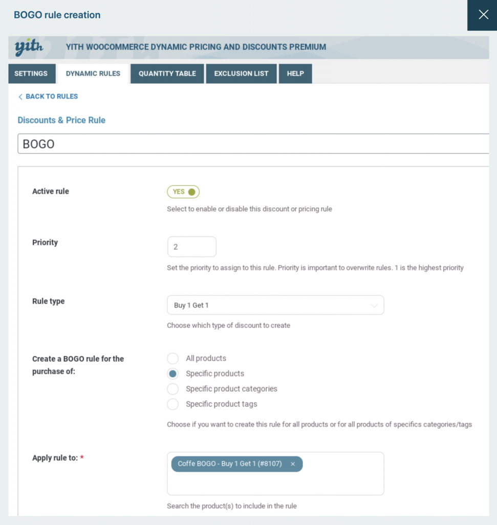 Configure cupones BOGO con el complemento de precios y descuentos dinámicos YITH WooCommerce