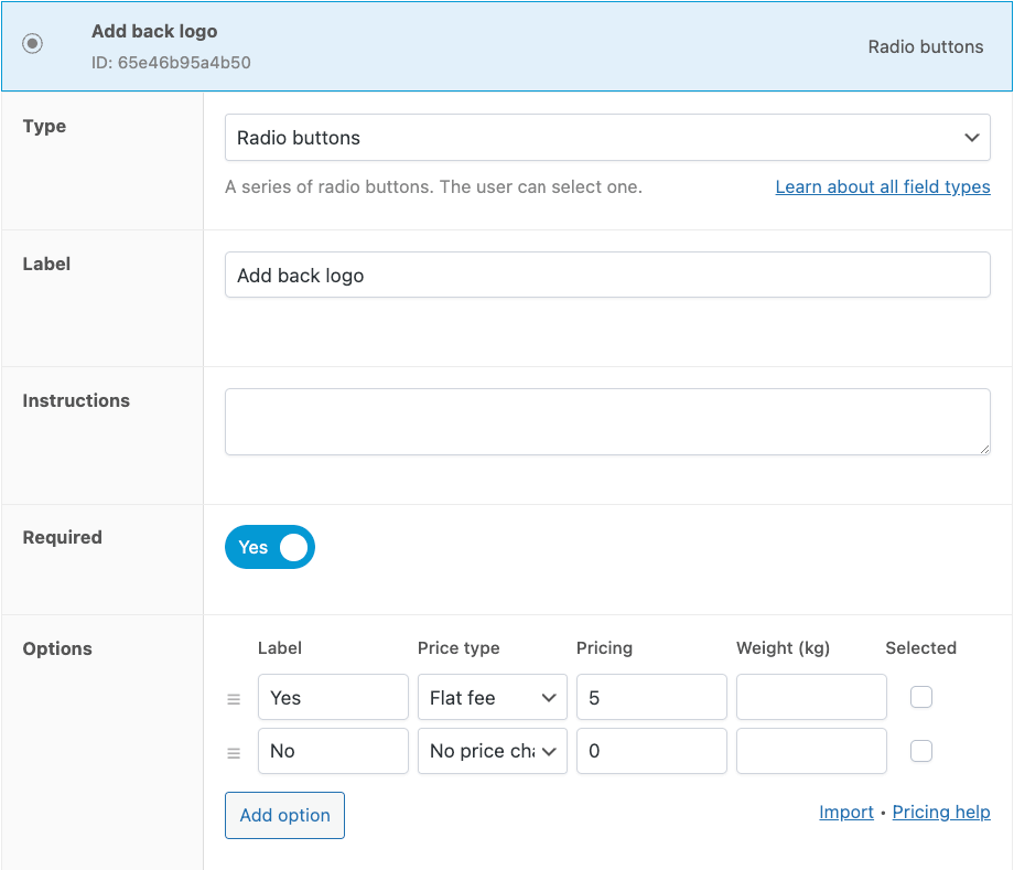 Custom field options – radio buttons