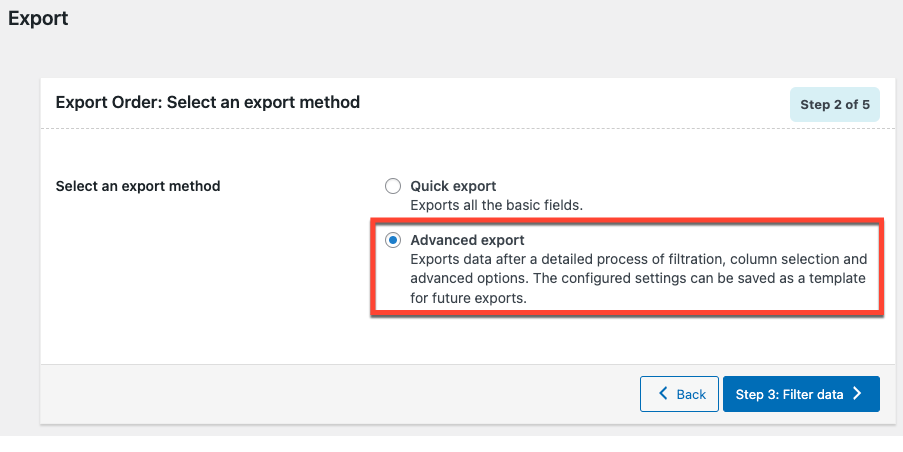 Exportación avanzada para la opción WooCommerce en el plugin de importación y exportación.