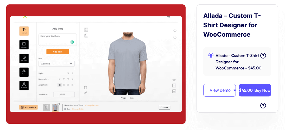 Allada – Diseñador de camisetas personalizadas para la página de inicio de WooCommerce