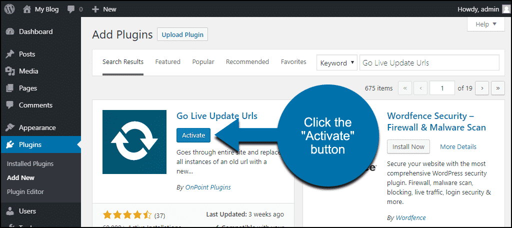 haga clic para activar el plugin WordPress Go Live Update Urls