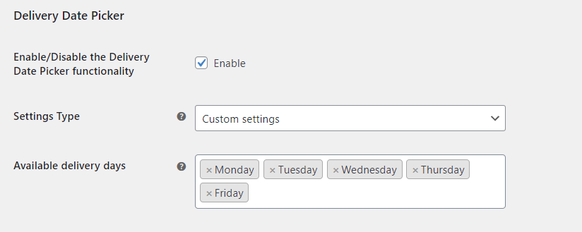 configuración personalizada para el selector de fecha de entrega