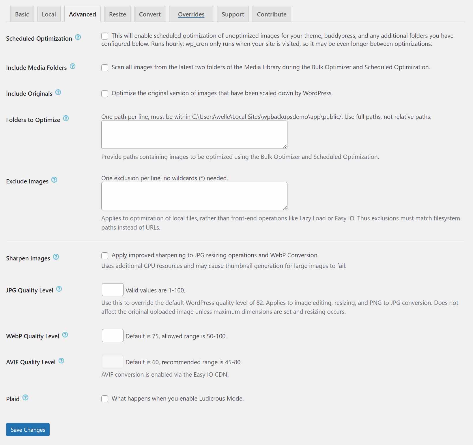 ewww configuración avanzada del optimizador de imágenes