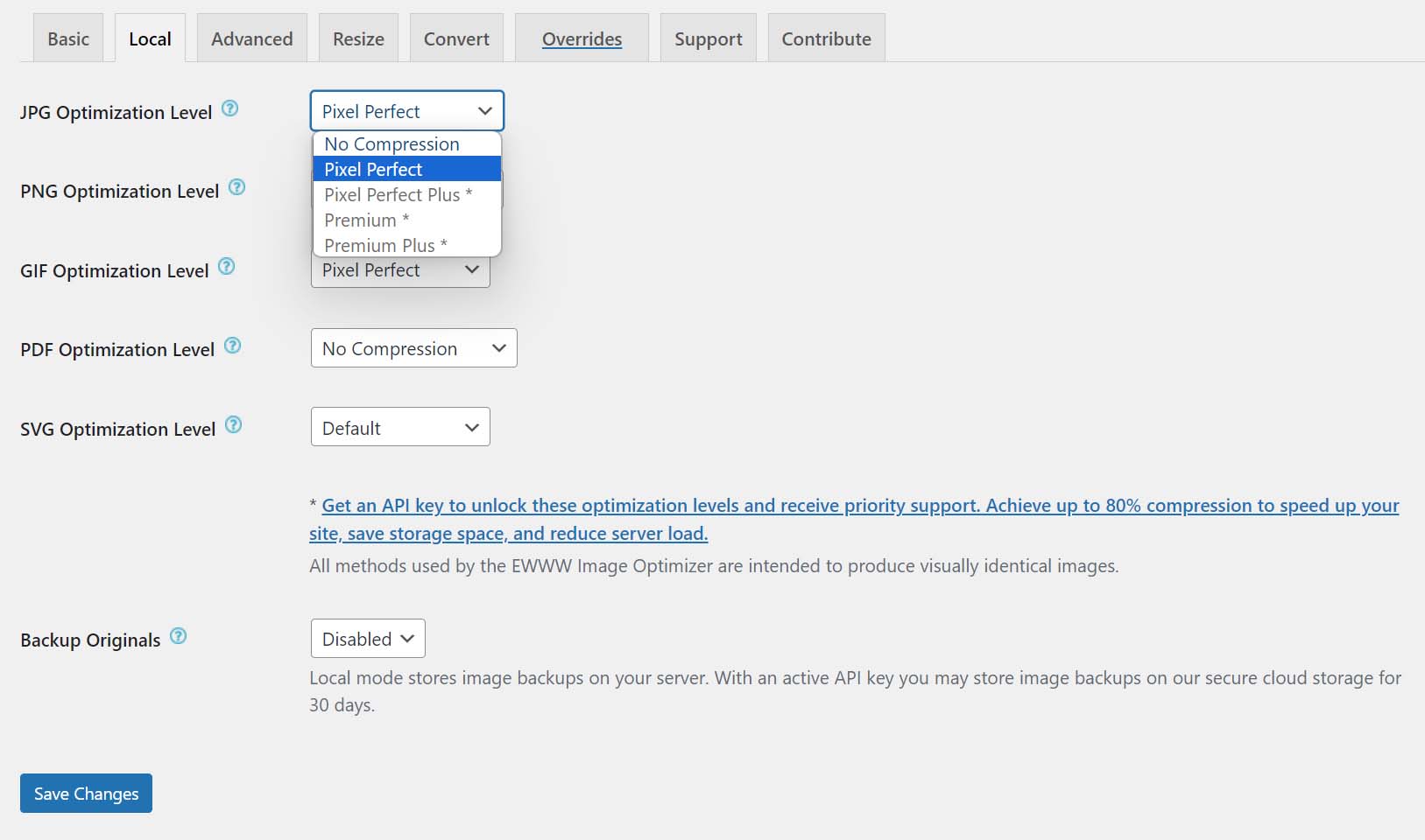 Configuración de optimización local del plugin optimizador de imágenes ewww