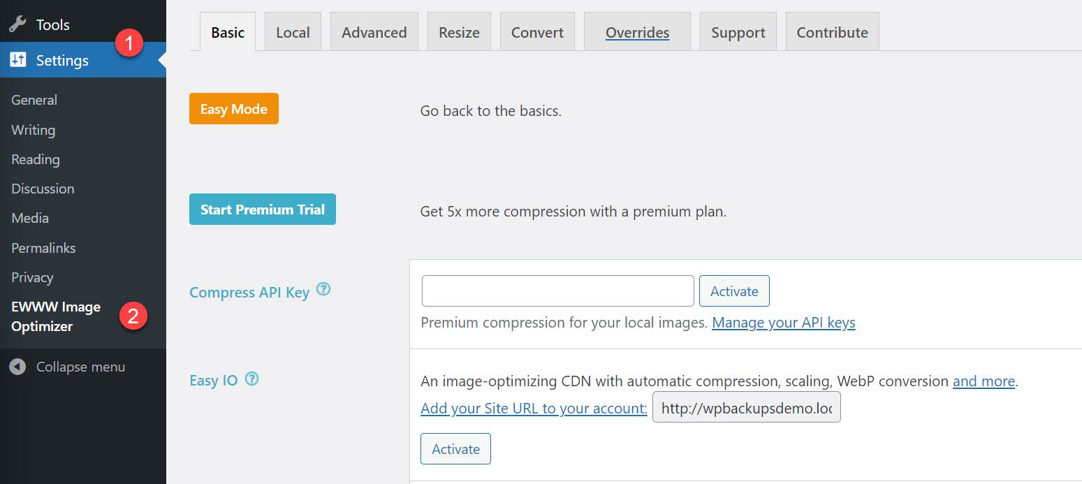 Panel de configuración del optimizador de imágenes ewww