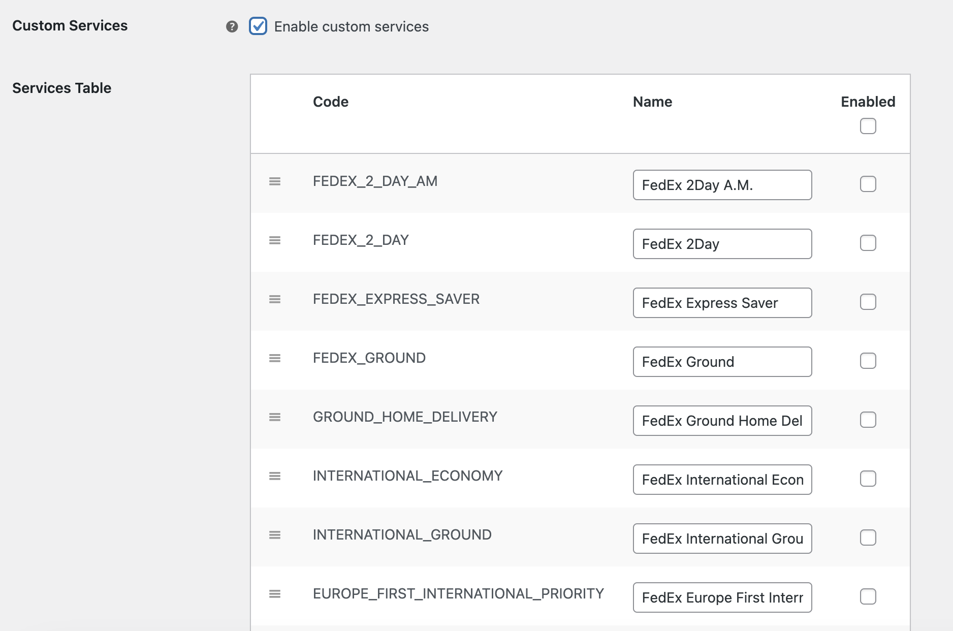 FedEx WooCommerce Habilitar servicios personalizados