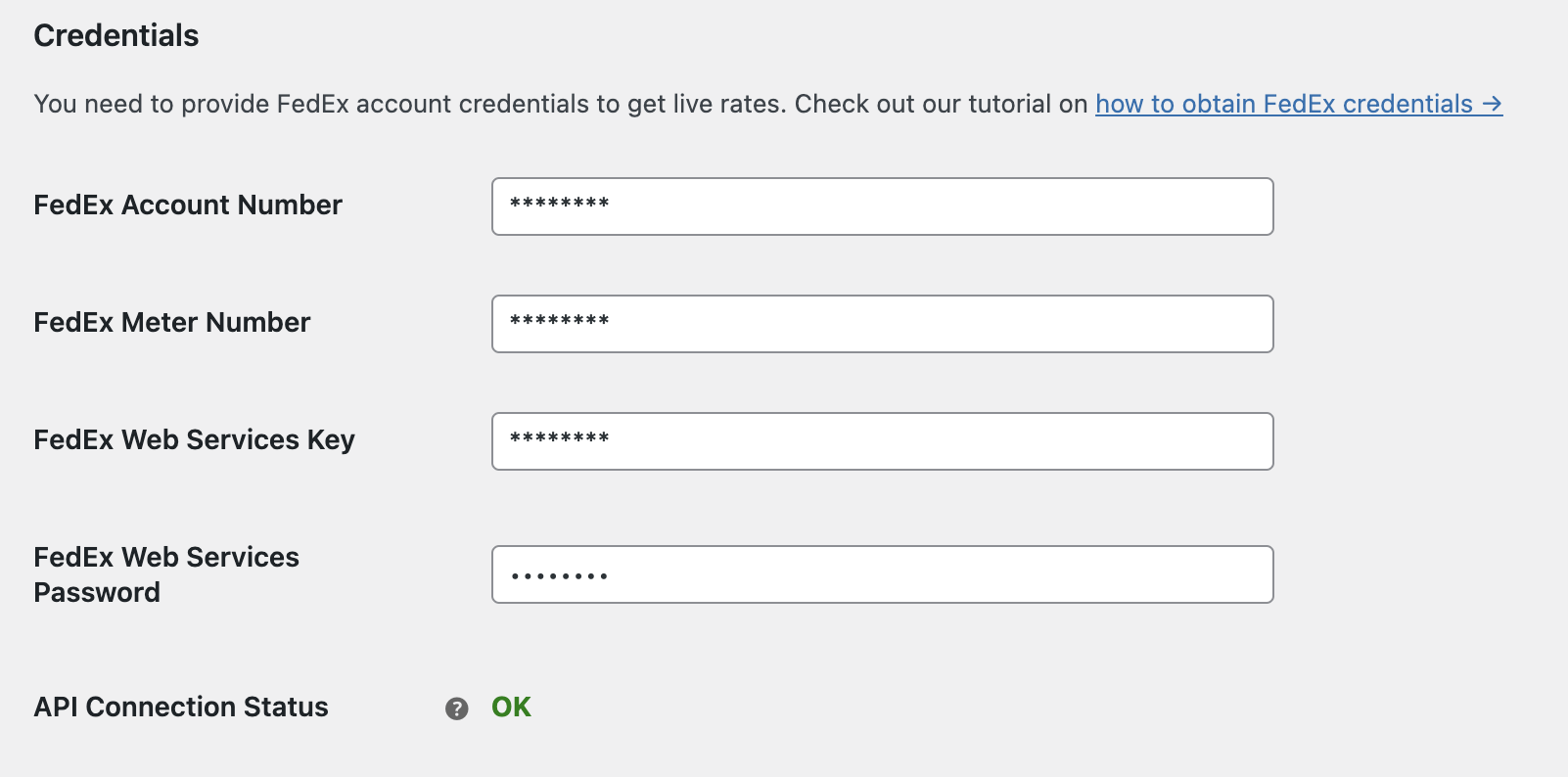 Credenciales del plugin de envío FedEx WooCommerce