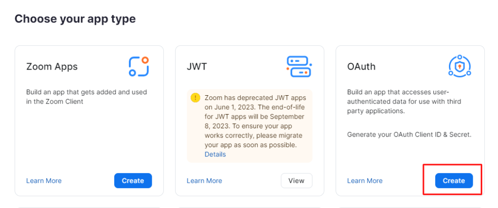 aplicación de integración zoom oauth 