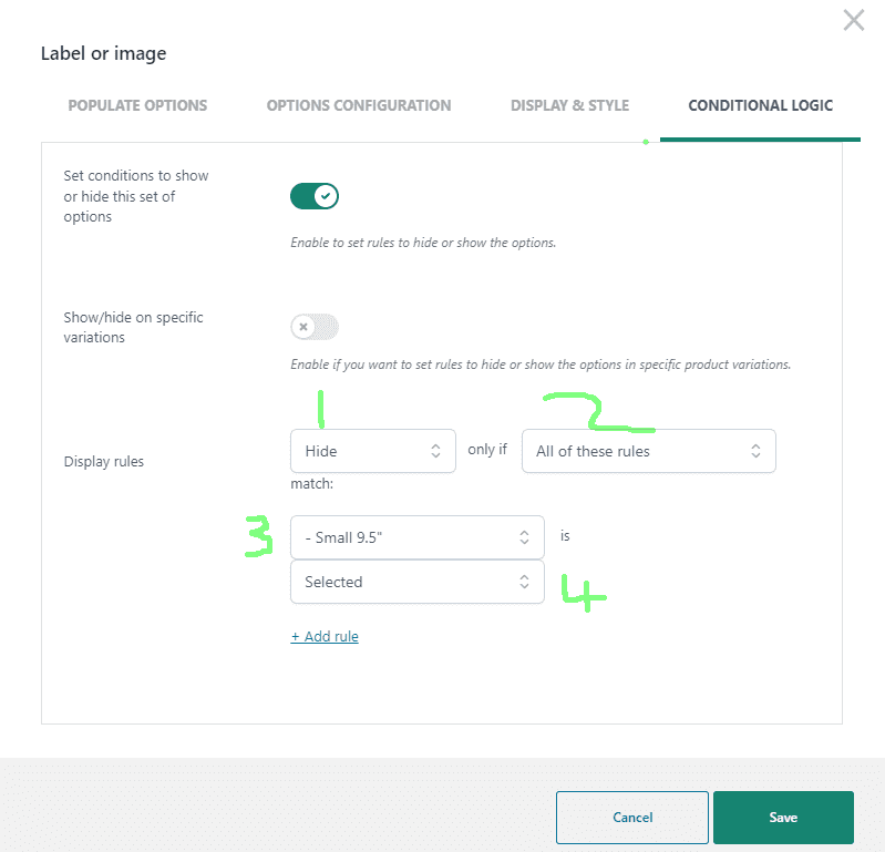 Cómo configurar la lógica de variaciones de productos condicionales de WooCommerce (7 pasos) - AovUp (anteriormente Woosuite)