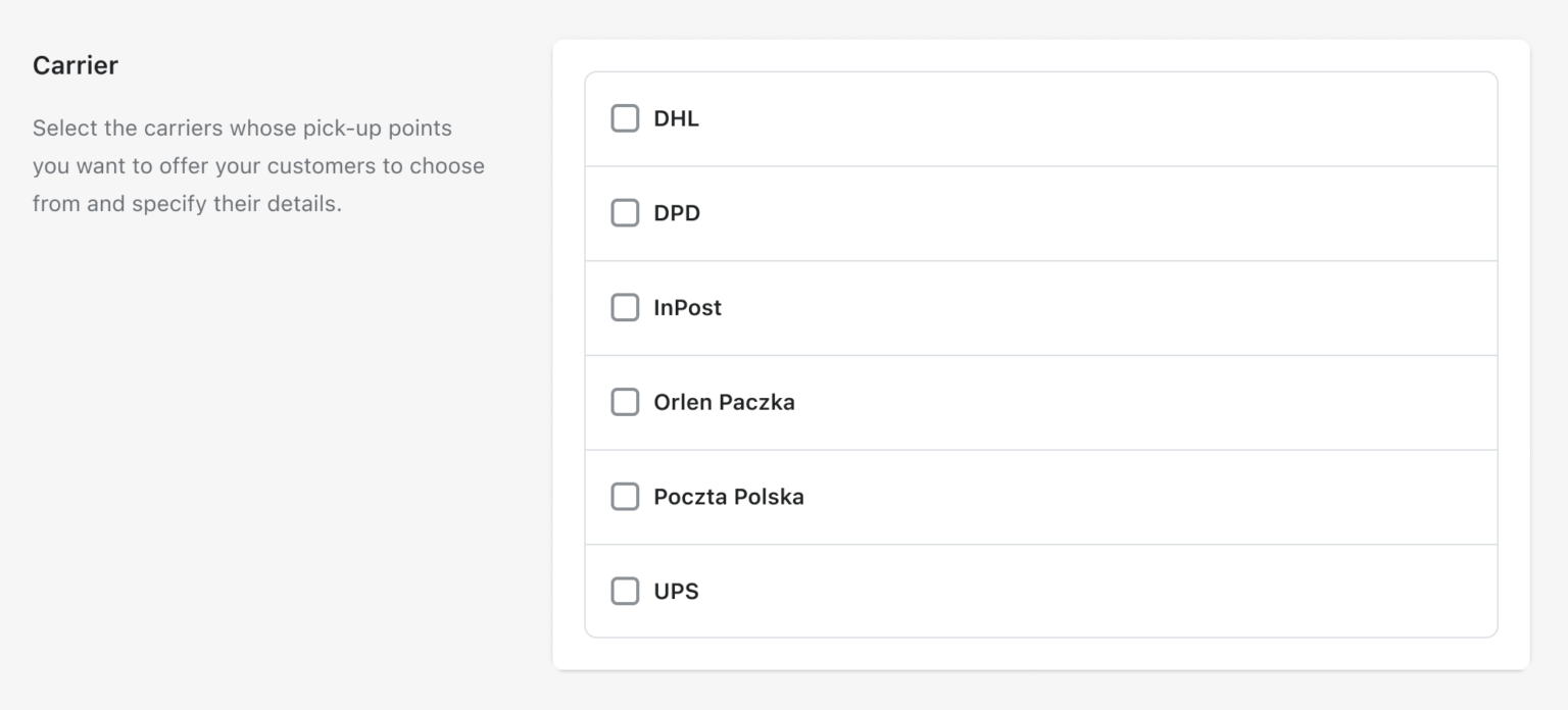 Octolizar la selección de configuración profesional de puntos de recogida