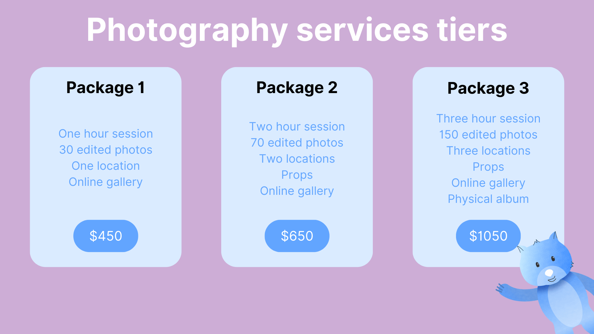 Ejemplo de servicios de fotografía por niveles.