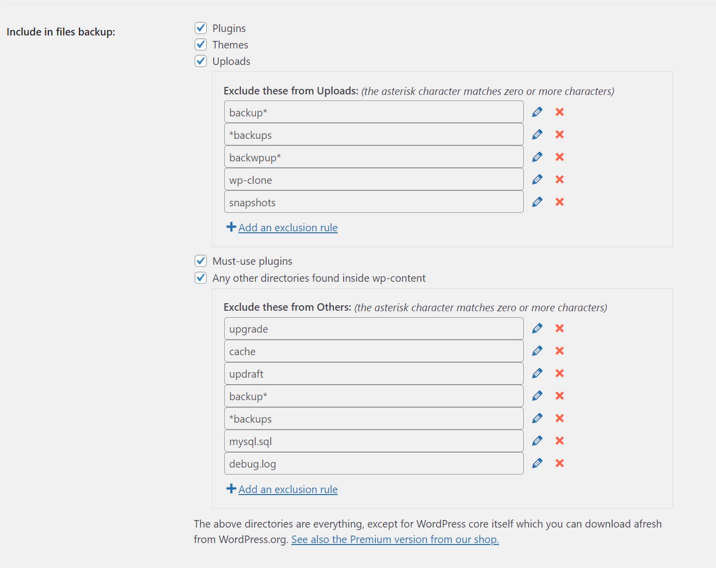 Captura de pantalla que muestra la configuración del archivo de copia de seguridad de UpdraftPlus.