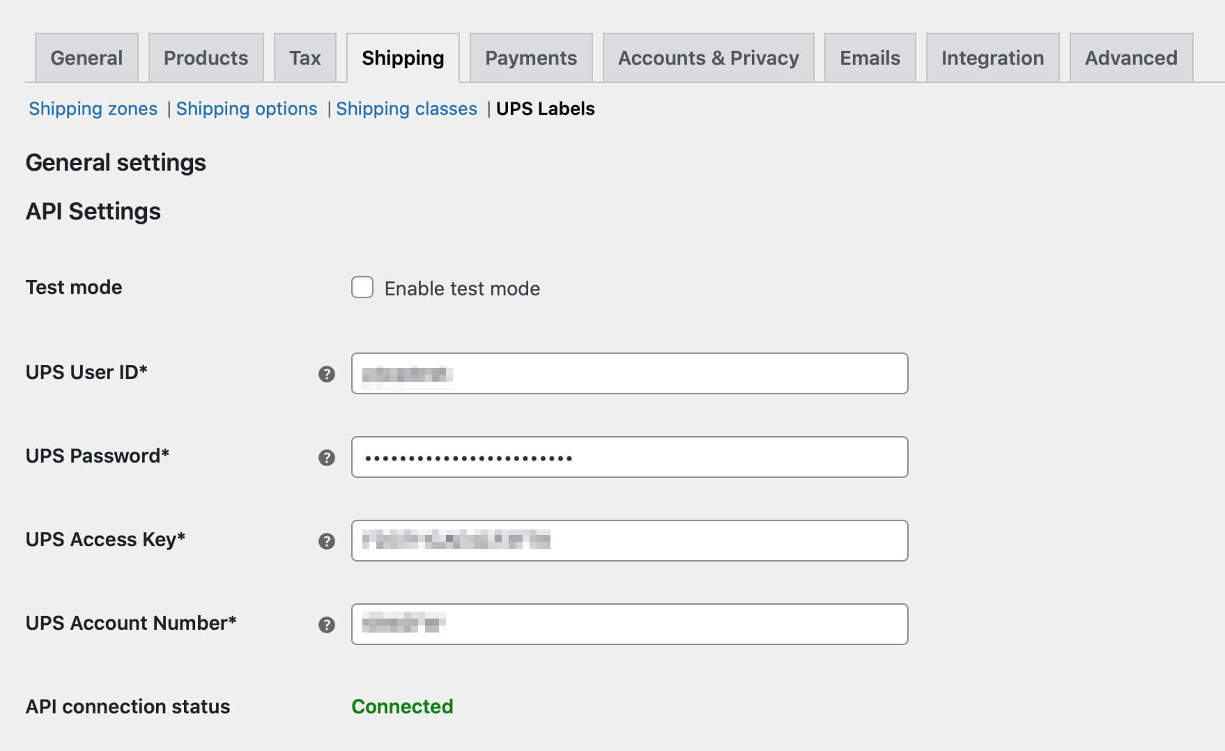 Configuración de la API de etiquetas de UPS