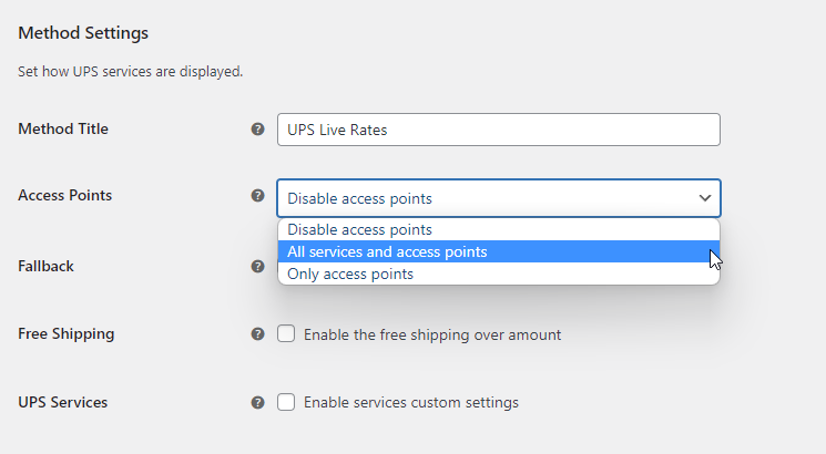 Selección de puntos de acceso UPS WooCommerce