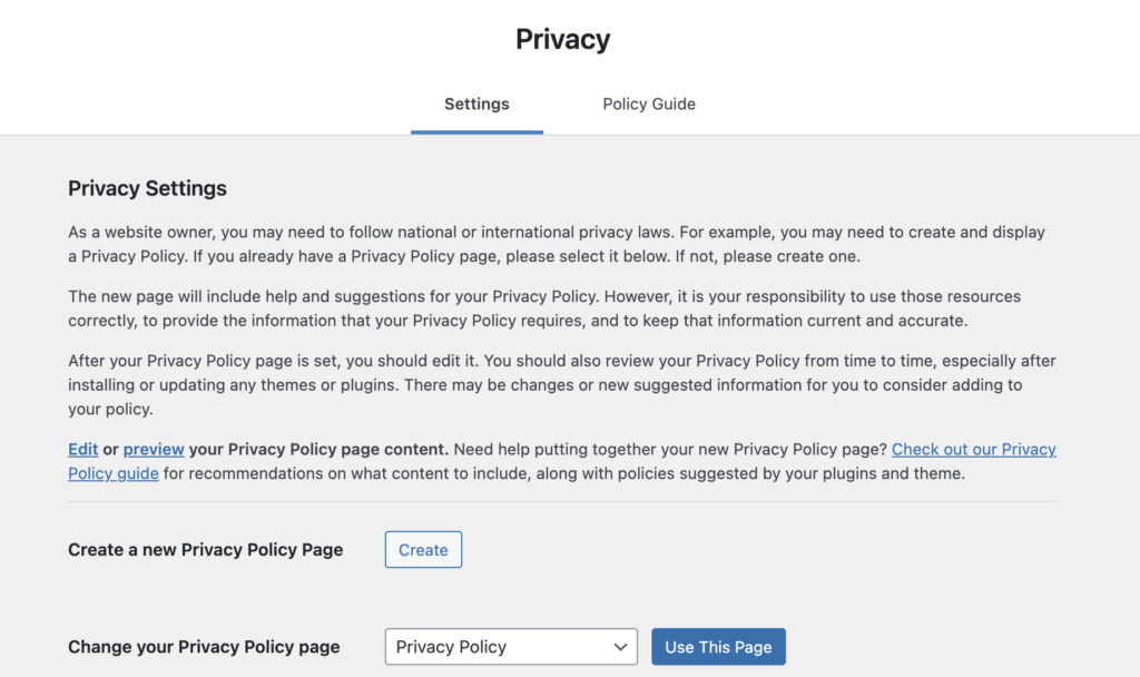 Página de configuración de privacidad