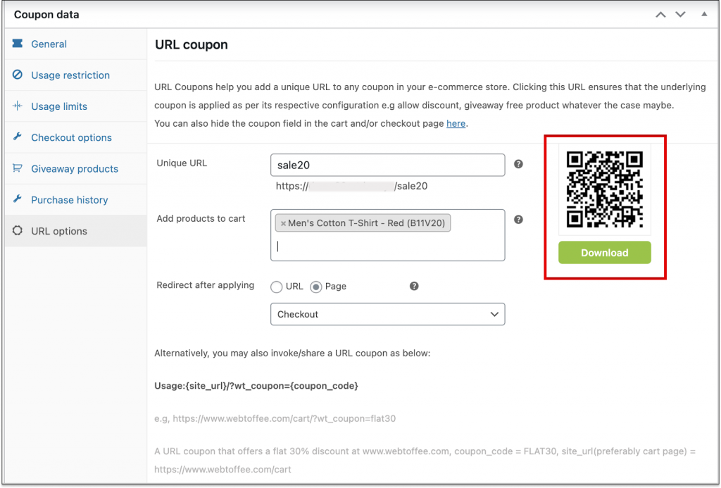 Descargue el código QR para cada cupón URL