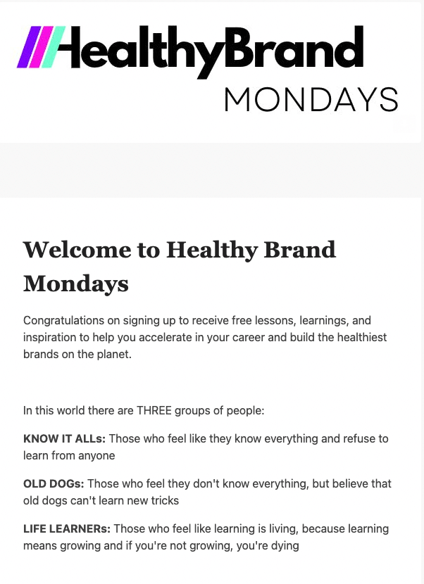 Correo electrónico de bienvenida automatizado de Healthy Brand Mondays