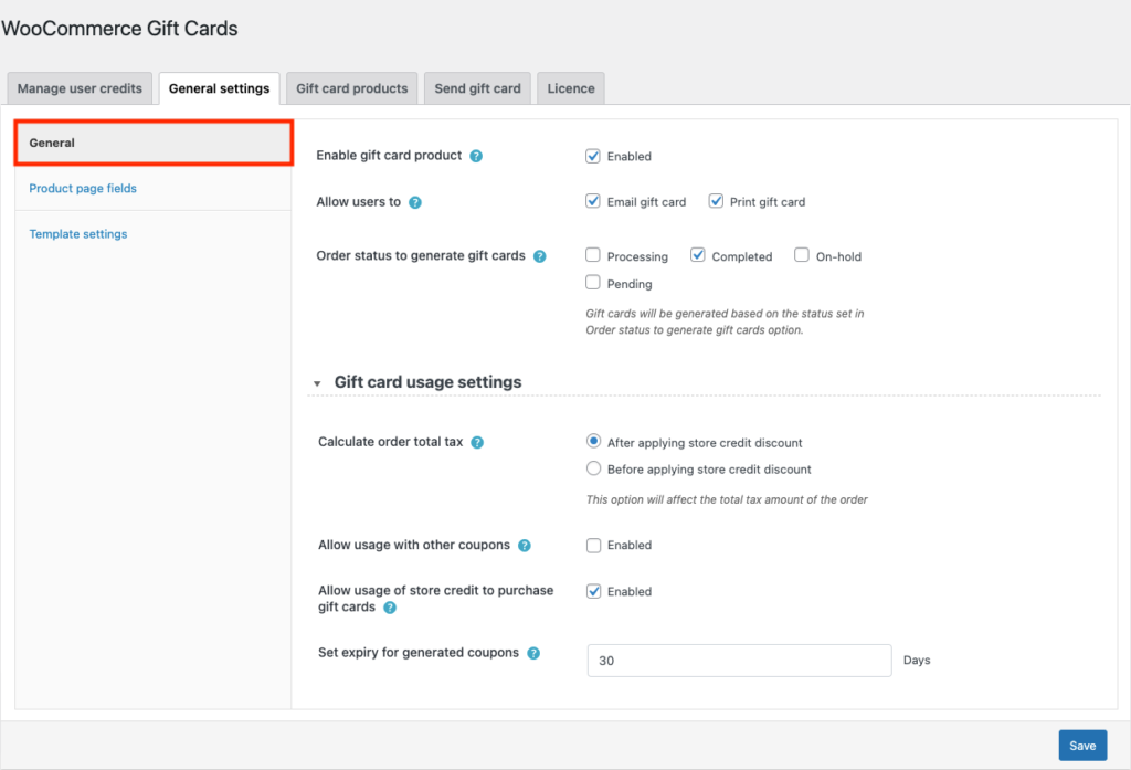 Configuración general del plugin de tarjetas de regalo WooCommerce