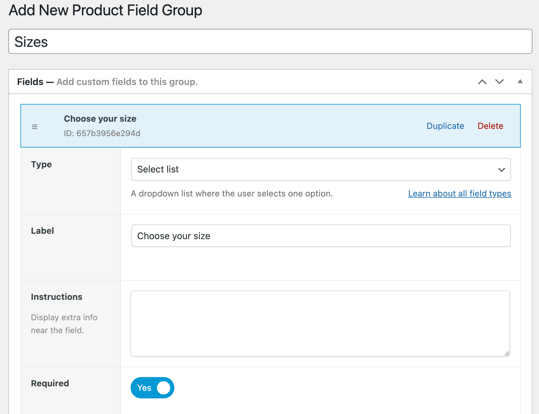 Configuración del grupo de campos de producto