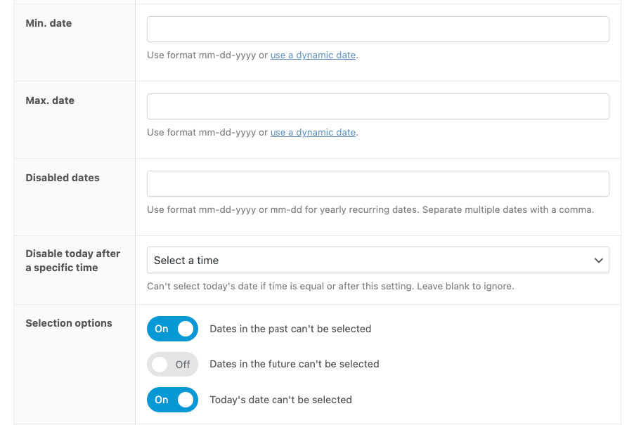 Configuración personalizada del campo de fecha