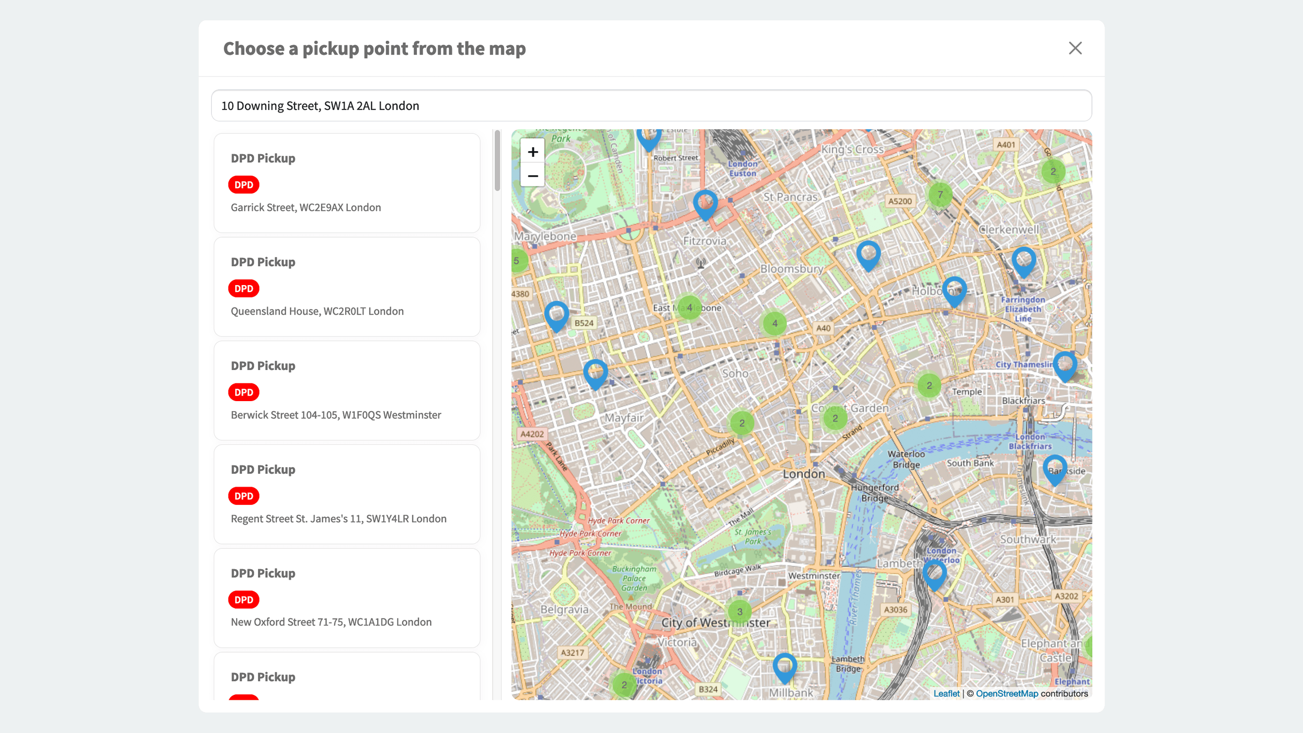 Puntos de recogida de DPD Reino Unido WooCommerce Mapa de puntos de recogida de DPD Reino Unido